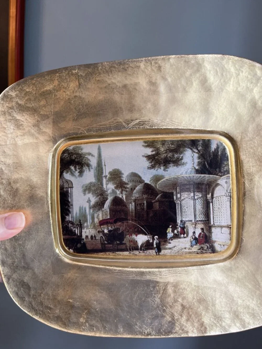 Pasabahce Gold Plated Sehzade Mosque Art Glass Tray With Ottoman Scene Design